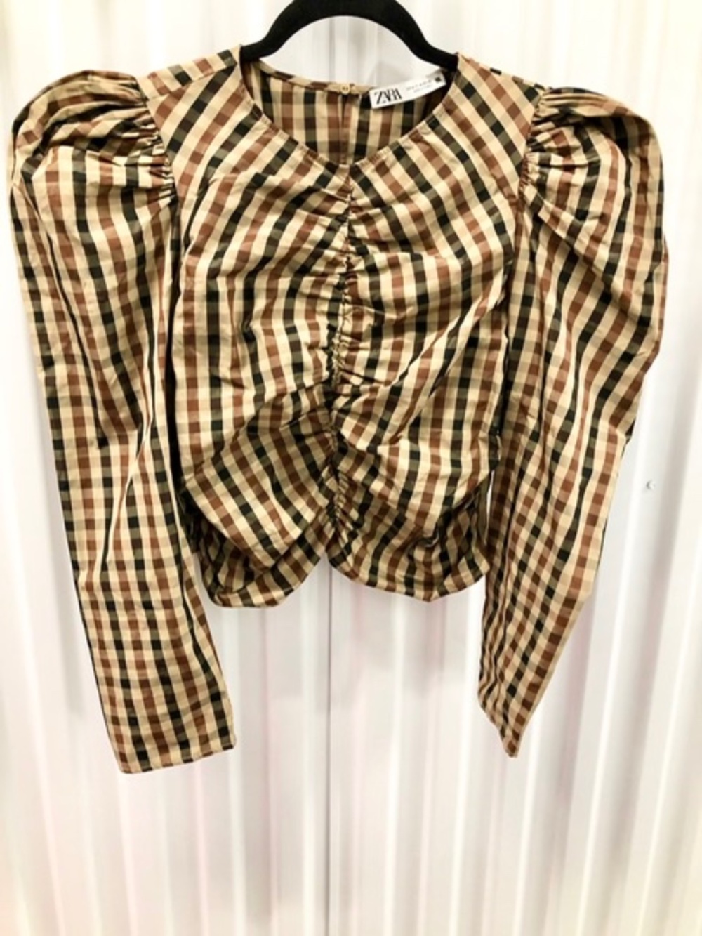 New ZARA Rushed Puff Sleeve Top Blouse, M
